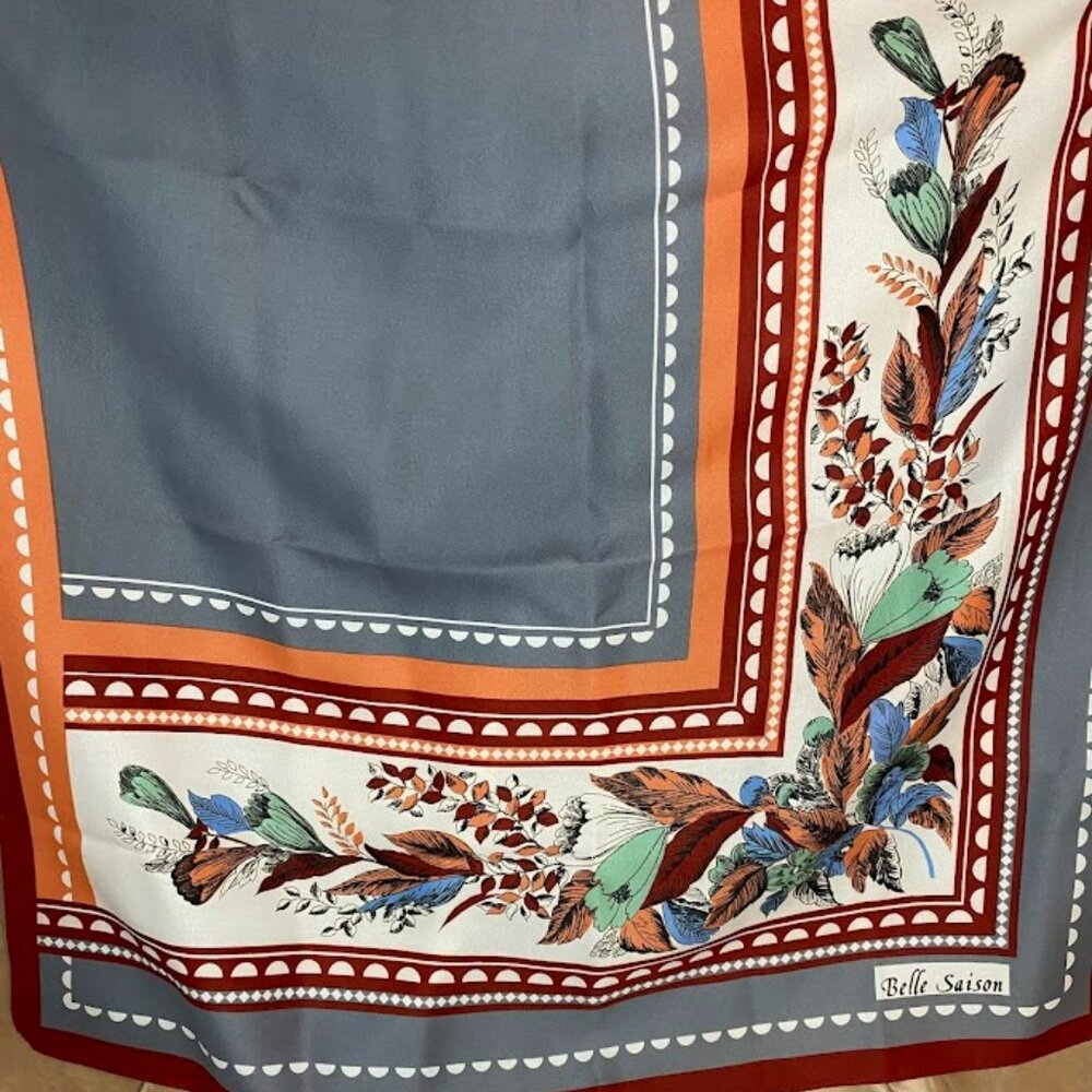 Vintage Belle Saison Floral Feather Print Square Scarf Made in Japan